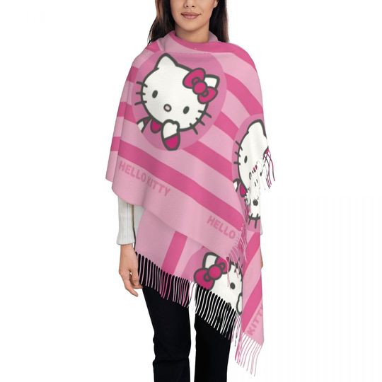 Hello Kitty Scarf for Women Winter Warm Pashmina Shawl Wrap Cute Kawaii Cartoon Long Scarves with Tassel Lightweight