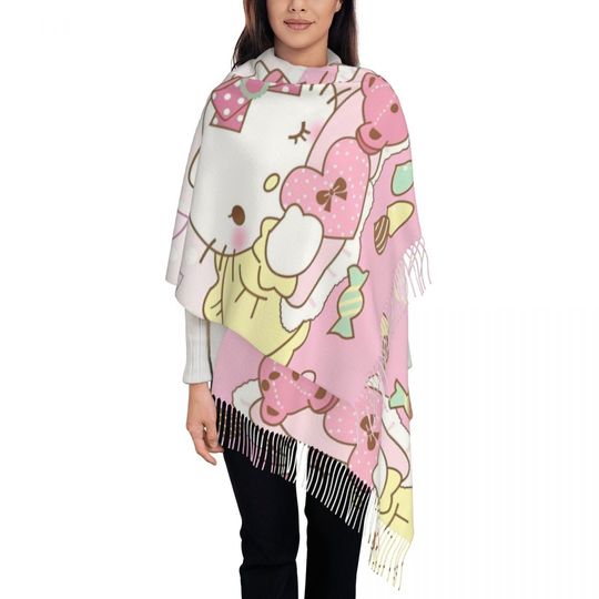 Womens Scarf with Tassel Hello Kitty Large Winter Fall Shawl Wrap Cute Cartoon Daily Wear Pashmina Scarves