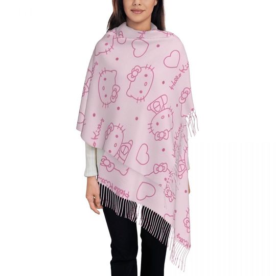 Kawaii Hello Kitty Scarf for Women Warm Winter Pashmina Shawls and Wrap Large Scarves with Tassel for Evening Dress
