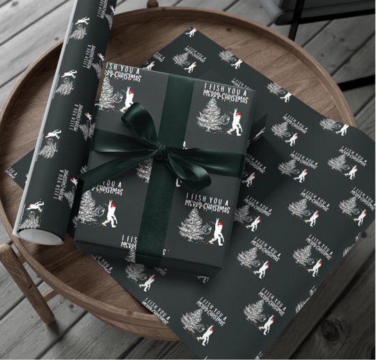 Discover Bigfoot Christmas Wrapping Paper, Bigfoot Gift Wrap, Bigfoot Fishing Gift Wrapping Paper, Sasquatch Christmas Gift Wrap, Christmas Sasquatch