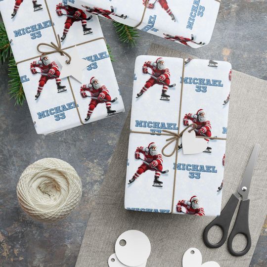 Discover Personalized Hockey Wrapping Paper Custom Name Christmas Gift Wrap Funny Santa Hockey Player Holiday Paper Team Gift Winter Sport Birthday
