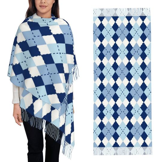 Blue Argyle Scarf Tassel Scarves for Women Soft Warm Shawls and Wraps Large Fall Winter Shawl Wrap