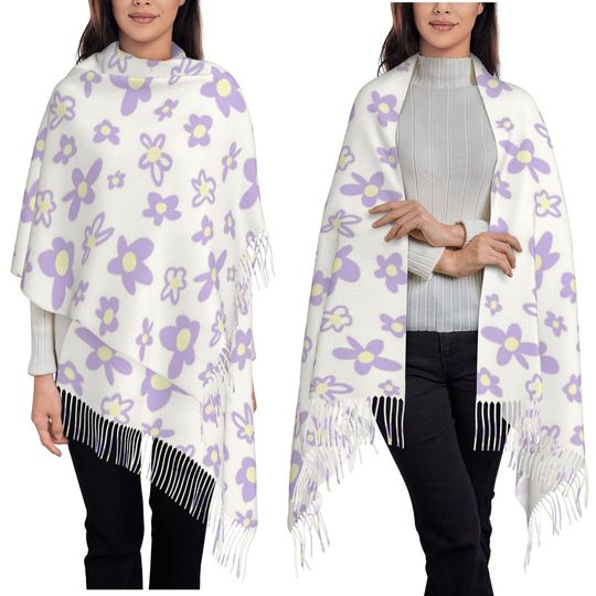 Purple Y2k Flower Design Scarf Tassel Scarves Women Soft Warm Shawls and Wraps Long Fall Winter Shawl Wrap