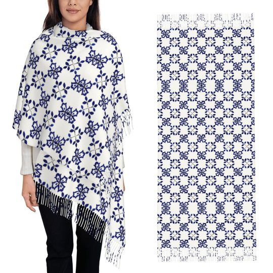 Azulejo Portuguese Tile Watercolor Artwork Scarf Tassel Scarves for Women Soft Warm Shawls and Wraps Long Fall Winter Shawl Wrap