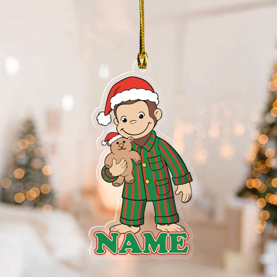 Personalized Curious George Ornament, Cute Monkey Xmas Gift, Custom Name Curious George Christmas Ornament