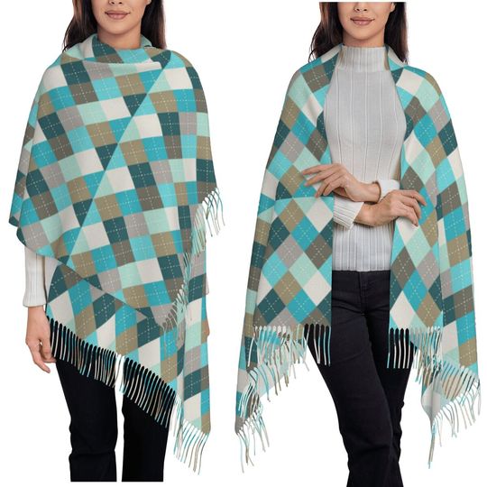 Diamond Shaped Geometric Pattern Scarf Tassel Scarves for Women Soft Warm Shawls and Wraps Long Fall Winter Shawl Wrap