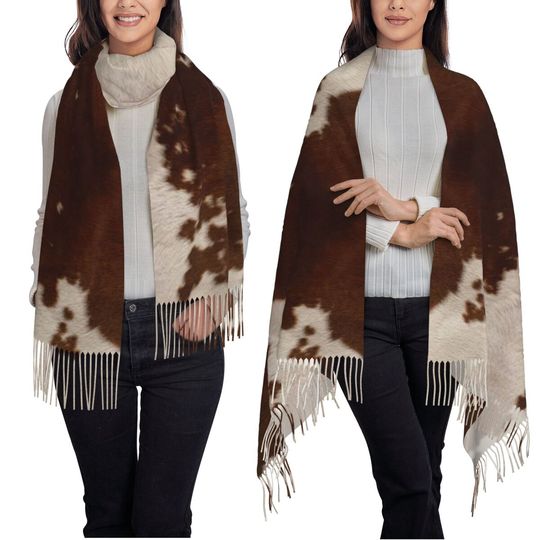 Stylish Cow Fur Cowhide Texture Cow Skin Print Pattern Scarf Tassel Scarves Women Shawls and Wraps Long Fall Winter Shawl Wrap