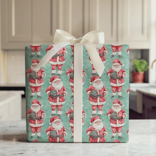 Discover Baseball Catcher Santa Wrapping Paper, Mint Green Sports Fan Gift Wrap