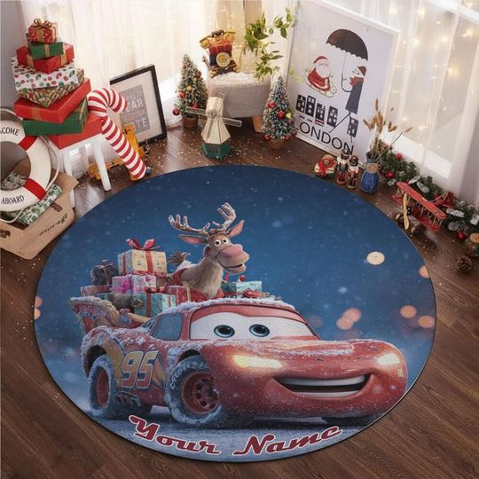 Discover Custom Christmas Cars McQueen Funny Rug, Home Decor, Kids Room Rug, Custom Round Floor Mat for Living Room, Book Room Decor