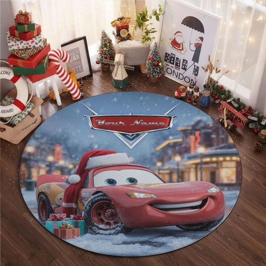 Discover Custom McQueen With Christmas Hat Funny Rug, Home Decor, Kids Room Rug, Custom Round Floor Mat for Living Room, Book Room Decor