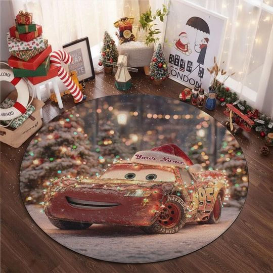 Discover Custom Christmas McQueen Light On Rug, Home Decor, Kids Room Rug, Custom Round Floor Mat for Living Room, Book Room Decor