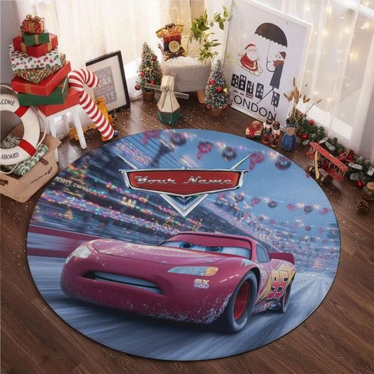 Discover Custom Christmas McQueen Snow Road Rug, Home Decor, Kids Room Rug, Custom Round Floor Mat for Living Room, Book Room Decor