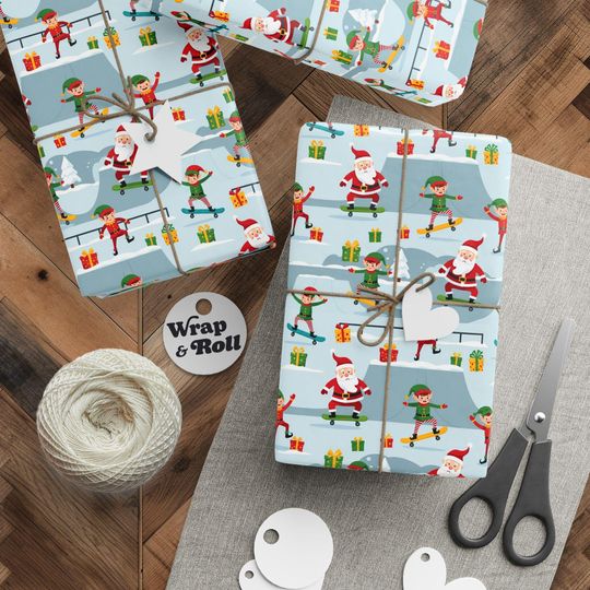 Discover Funny Skateboarding Santa Wrapping Paper | Holiday Skater Gift Wrap | Quirky Elf Xmas Paper | Christmas Humor