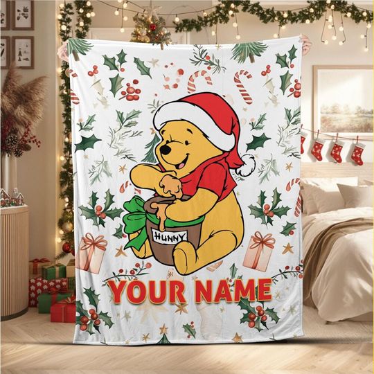 Discover Custom Christmas Disney Pooh Fleece Blanket, Mom Gift, Birthday Gift for Kids