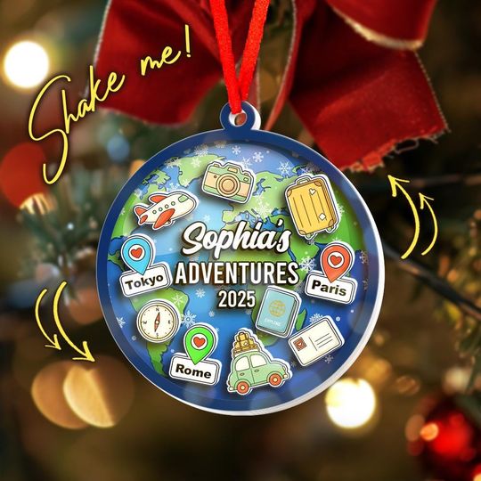 Discover Custom Travel Adventures Ornament, Travel Shaker Ornament, Christmas Gift for Traveler Decor Gift
