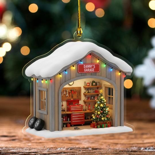 Discover Personalized Garage Ornament, Mechanic Gift 2025, 2D Flat Christmas Decoration, Vintage Car Ornament