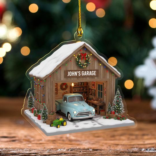 Discover Personalized Garage Ornament, Mechanic Gift 2025, 2D Flat Christmas Decoration, Vintage Car Ornament