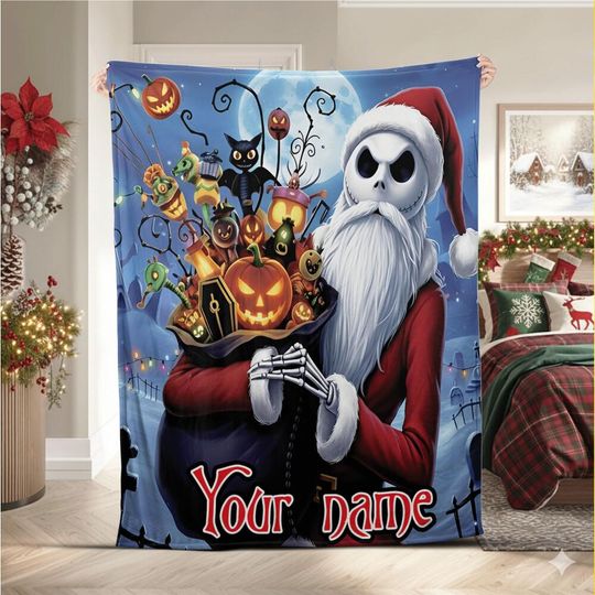 Discover Custom Disney Santa Skellington Christmas Fleece Blanket, Personalized Mom Gift, Birthday Gift for Kids