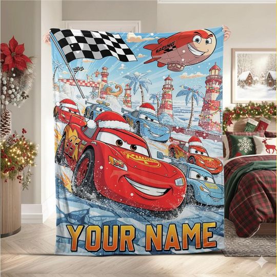 Discover Custom Disney Mcqueen Racing Christmas Fleece Blanket, Personalized Mom Gift, Birthday Gift for Kids