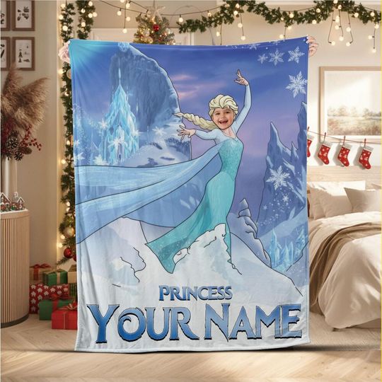 Custom Princess Elsa Christmas Fleece Blanket, Personalized Mom Gift, Birthday Gift for Kids