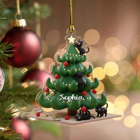 Discover Cute Cats Christmas Tree 2D Flat Acrylic/Wood Ornament, Personalized Cat Lover Xmas Ornament