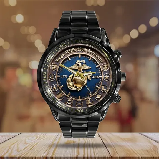 US Marine Corps 250th Anniversary 50th Anniversary Black Stainless Steel Watch