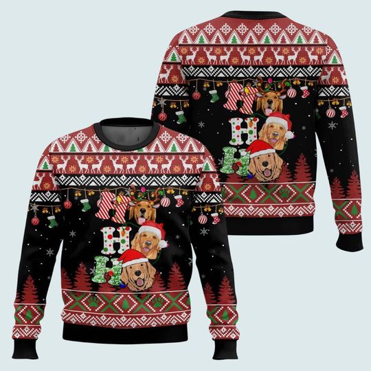 Golden Retriever Ugly Christmas Sweater, Dog Lover Holiday Knit, Funny Ho Ho Ho Xmas Sweater, Pet Lover Winter Outfit, Gift For Him Her