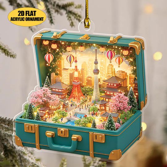 Discover Tokyo Suitcase Ornament, Japan Mini Diorama, Sakura Cityscape Christmas Decor, Travel Theme Holiday Gift, Japanese Lantern Scene