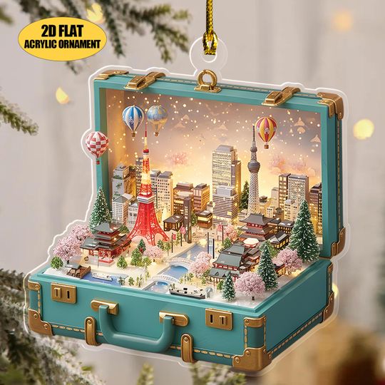 Discover Tokyo Suitcase Ornament, Japan Mini Diorama, Sakura Cityscape Christmas Decor, Travel Theme Holiday Gift, Japanese Lantern Scene