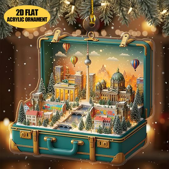 Discover Berlin Suitcase Ornament, Germany Mini Diorama, European Cityscape Christmas Decor, Travel Theme Holiday Gift, Lighted Acrylic Ornament