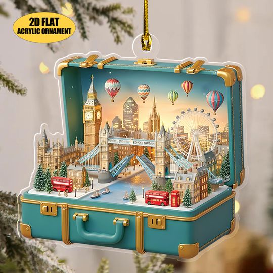 Discover London Suitcase Ornament, UK Mini Diorama, British Cityscape Christmas Decor, Travel Theme Holiday Gift, Lighted Acrylic Ornament