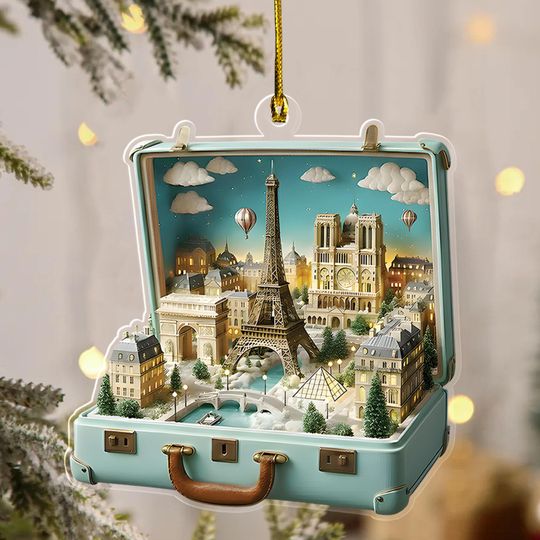 Discover Paris Suitcase Ornament, Eiffel Tower Christmas Decor, Miniature Diorama, Parisian Scene Holiday Gift, Travel Theme Decoration