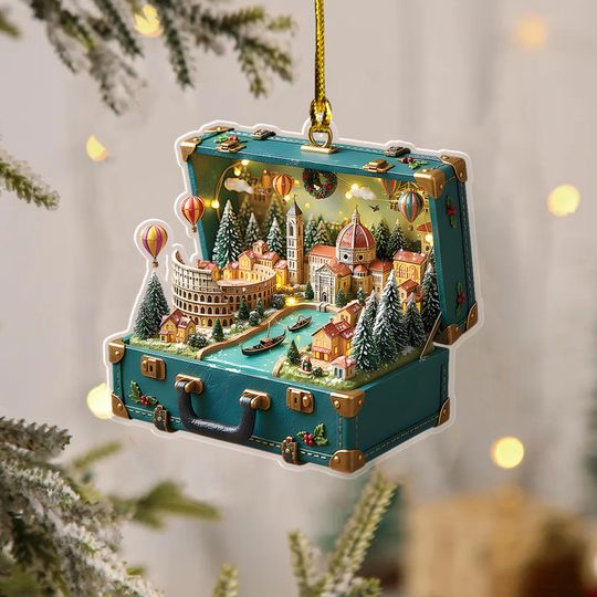 Discover Italian City Suitcase Ornament  Miniature Venice & Rome Christmas Village Scene 2D Acrylic Flat