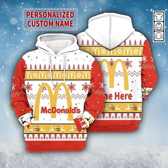Discover Custom Name McDonald's Fast Food Christmas 3D Hoodie, Food Christmas Hoodie, Food & Wine Gifts Shirt, Merry Xmas Gift