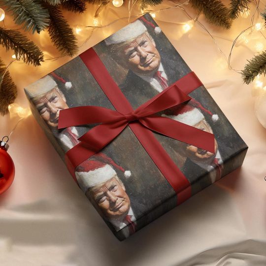 Discover Funny Donald Trump Christmas Portrait Wrapping Paper, Donald Trump With Santa Hat Gift Wrap, Holiday Gag Gift, Funny Xmas Wrapping Papers