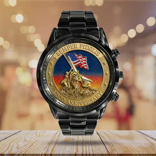 US Marine Corps 250th Anniversary Black Stainless Steel Watch