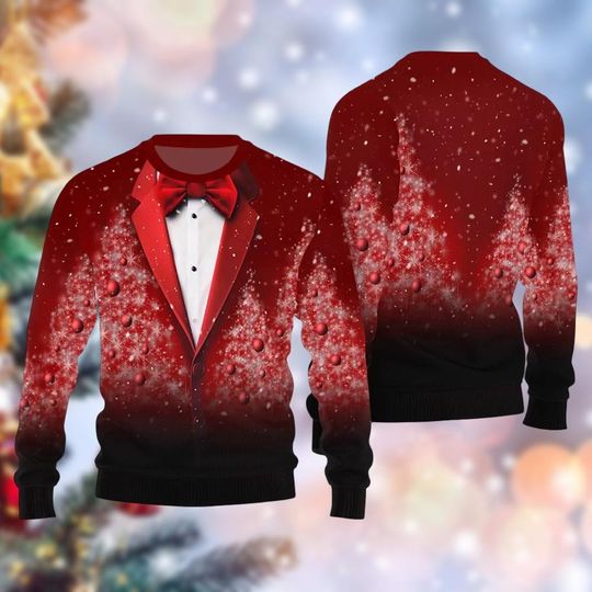 Discover Tuxedo Ugly Christmas Sweater, Red Suit Sweater Men, Xmas Party Gift, Cosplay Costume, Holiday Winter Gift For Him, Husband, Kids, Boy