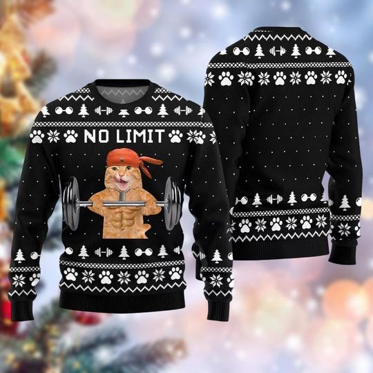 No Limit Buff Cat Christmas Ugly Sweater, Cat Meme Xmas Sweater, Fun Holiday Sweater For Pet Lover, Merry Catmas Shirt Gift For Her Him