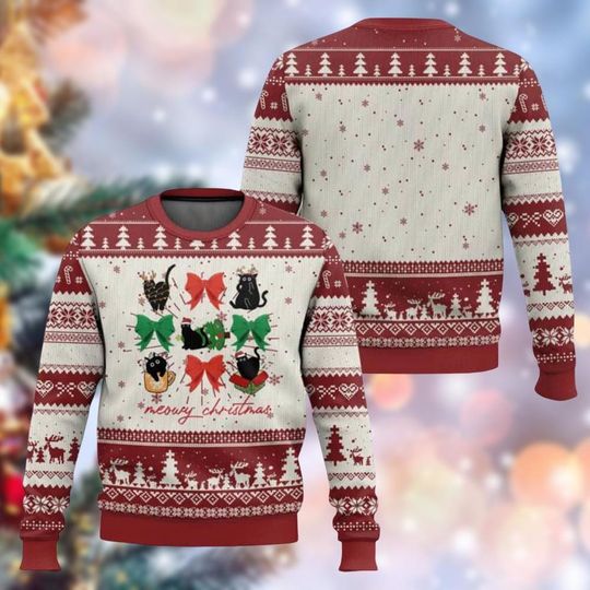 Meowy Coquette Christmas Ugly Sweater, Black Cats With Bows Xmas Sweater For Women, Funny Holiday Sweater For Cat Lovers, Xmas Ideas