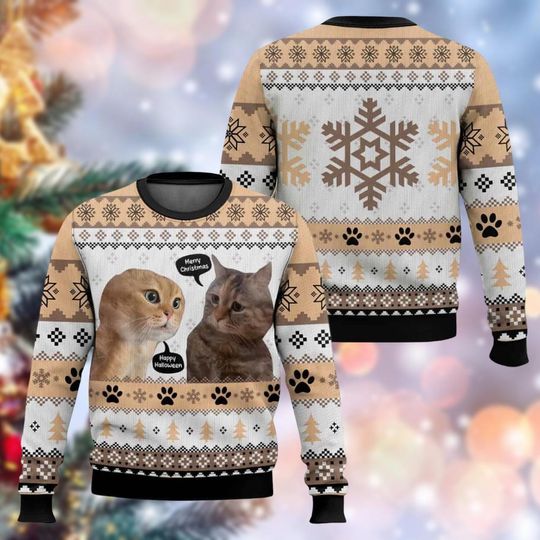 Discover Funny Cat Meme Christmas Ugly Sweater, Two Cats Talking Christmas Sweater For Men Women, Cute Cat Mom Dad Holiday Sweater, Xmas Gift