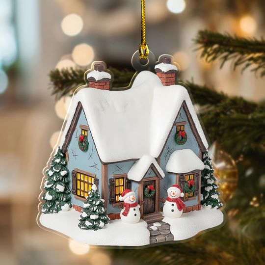 Winter Snowman House Christmas Ornament, Snowy Scene Holiday Decoration, Cozy Lighted Tree Ornament
