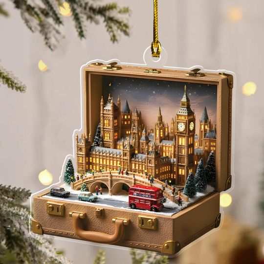 Discover Detailed London Cityscape Christmas Ornament, Acrylic Suitcase Diorama, Holiday Travel Keepsake Decor, Christmas Ornament