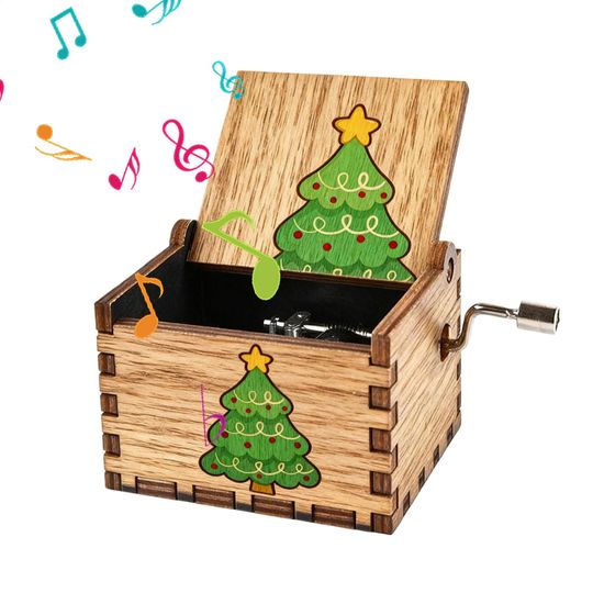Wooden Hand-Crank Music Box Christmas Tree Ornament Holiday Decor