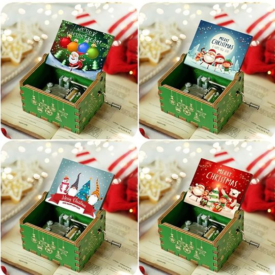 Discover Merry Christmas Series Music Box Wooden Antique Carved Hand Cranked Classic Theme Music for Birthday Party Gifts Family Decor