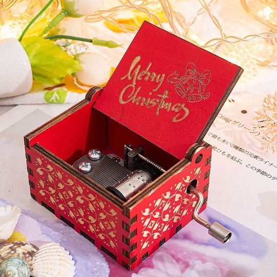 Discover Classical Red Hand-cranked Music Box DIY Exquisite Music Box Ornaments Hand-cranked Painted Santa Claus Wooden Box New Year