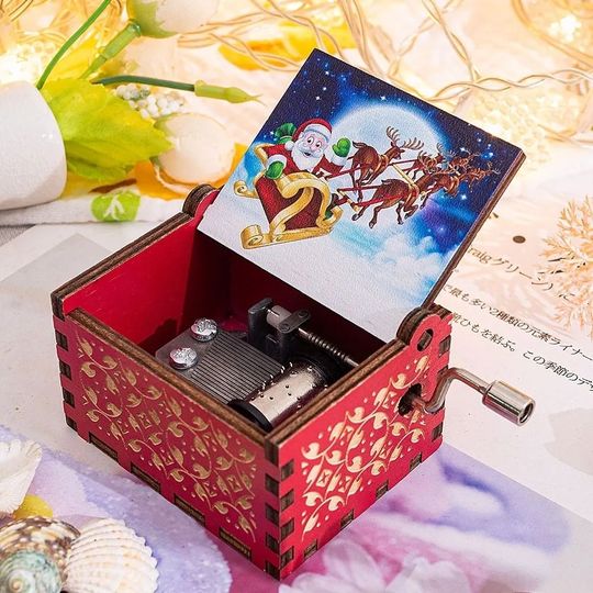 Red Hand-Crank Music Box with Santa Claus Design, Wooden Snow Scene Ornament for Christmas