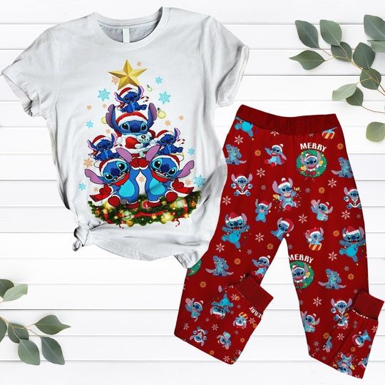 Discover Funny Stitch Christmas Tree Pajamas Set, Disneyland Merry Xmas T-Shirt And Pants, Lilo Stitch Holiday Pajamas, Cartoon Xmas Pjs Gifts