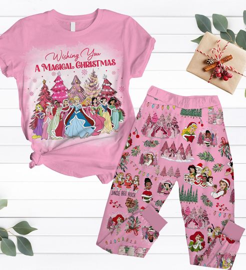 Discover Disney Princess Christmas Pajamas Set, Wishing Magical Christmas T-Shirt And Pants, Cinde Belle Tiana Xmas Pajamas For Women Kids