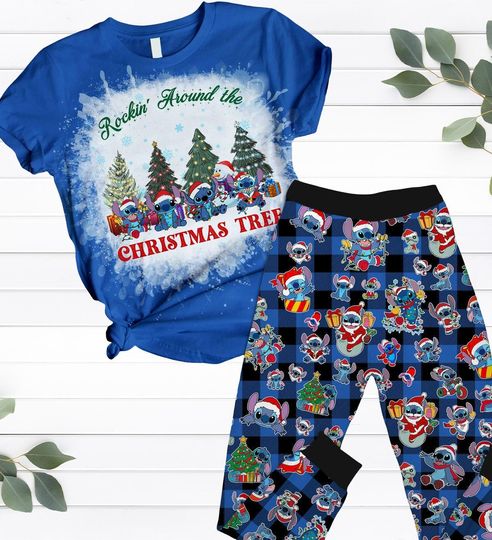 Discover Stitch Rockin Around The Tree Pajamas Set, Funny Stitch T-Shirt And Pants, Disneyland Holiday Pajamas, Xmas Pajamas For Family Gifts