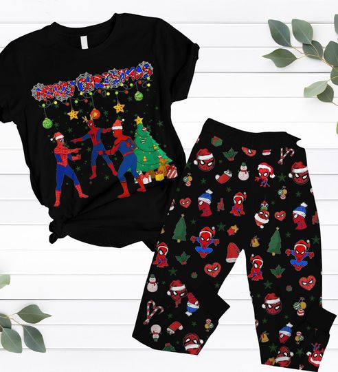 Funny Spiderman Christmas Pajamas Set, Santa Spidey T-Shirt And Pants, Marvel Movie Merry Christmas Pajamas, Superhero Xmas Pjs For Fan